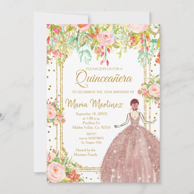 Invitation  Fleurs roses et Parties scintillant d'or Quincean (Devant)