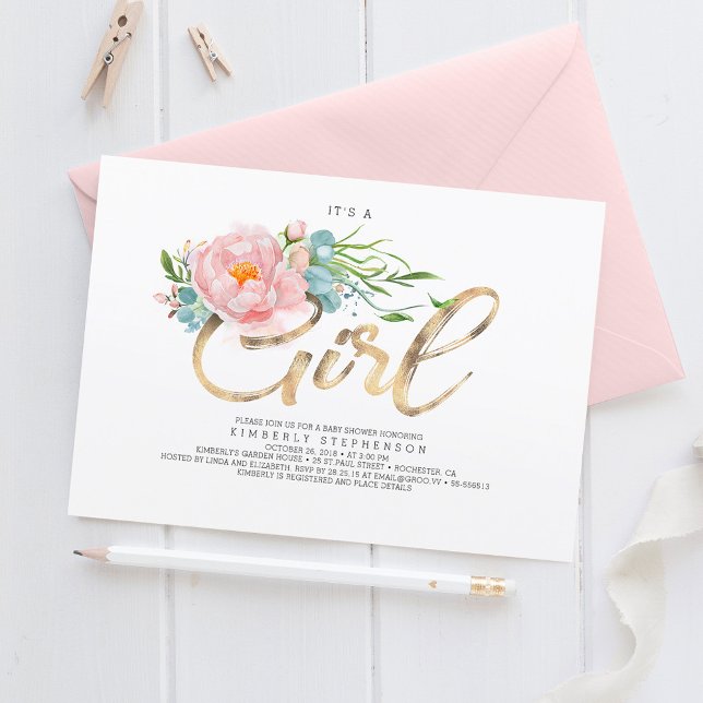 Invitation Fleurs roses et Parties scintillant or Baby shower (Créateur téléchargé)
