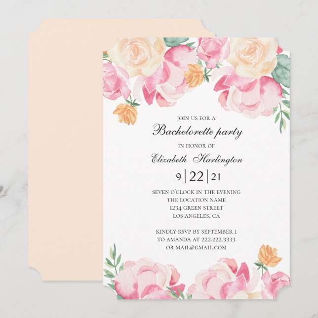 Invitation Fleurs roses et pêche. Fête de bachelorette floral (Devant / Derrière)