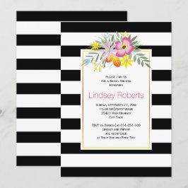 Invitation Fleurs roses et rayures mariage douche nuptiale
