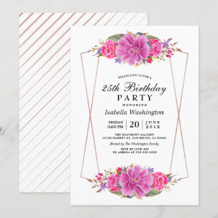 Invitation Fleurs roses et Rose Gold Géométrique fête d'anniv