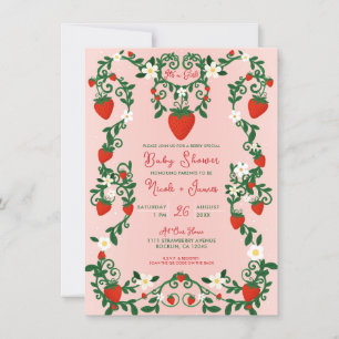 Invitation Fleurs roses et rouges Vignes Fraises Baby Shower