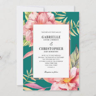 Invitation Fleurs roses et verdure Mariage Turquoise