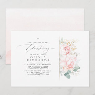 Invitation Fleurs roses et verdure or Feuille Christening