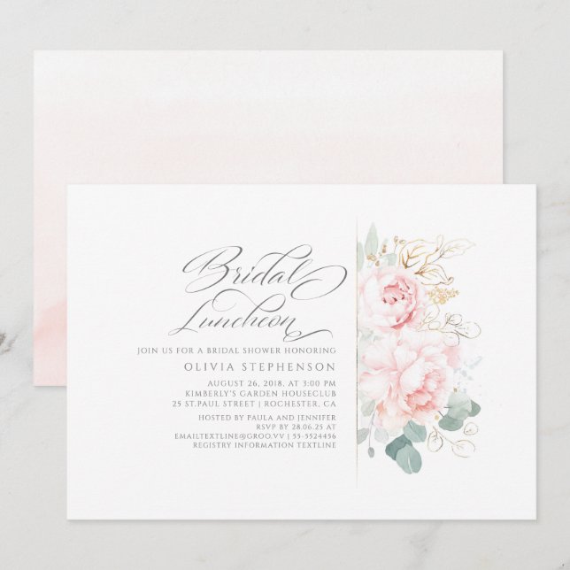 Invitation Fleurs roses Fête des mariées verdoyante or déjeun (Devant / Derrière)