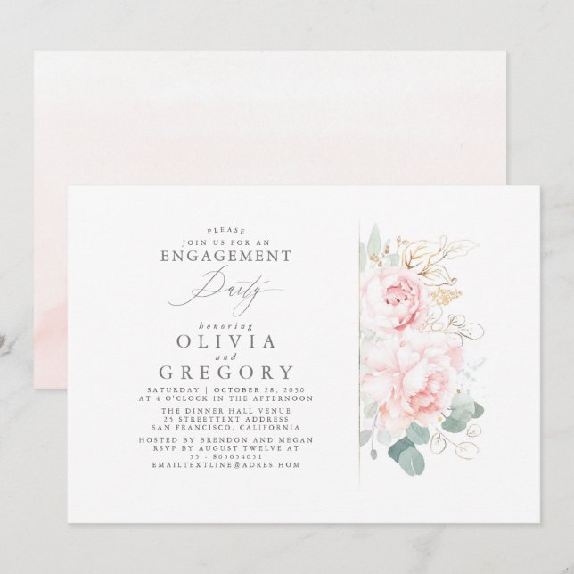 Invitation Fleurs roses Feuilles d'or Élégante partie d'engag (Devant / Derrière)