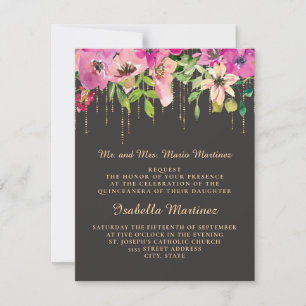 Invitation Fleurs roses feuilles vertes or noir Quinceañera