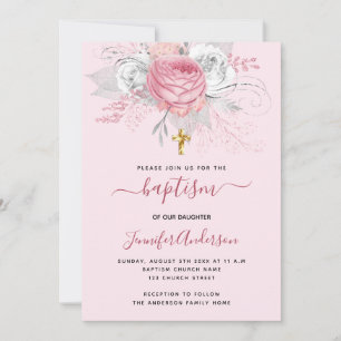 Invitation Fleurs roses fille croix or baptises