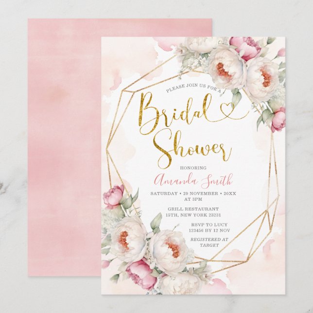 Invitation Fleurs roses Fille Fête des mariées Verdure (Devant / Derrière)