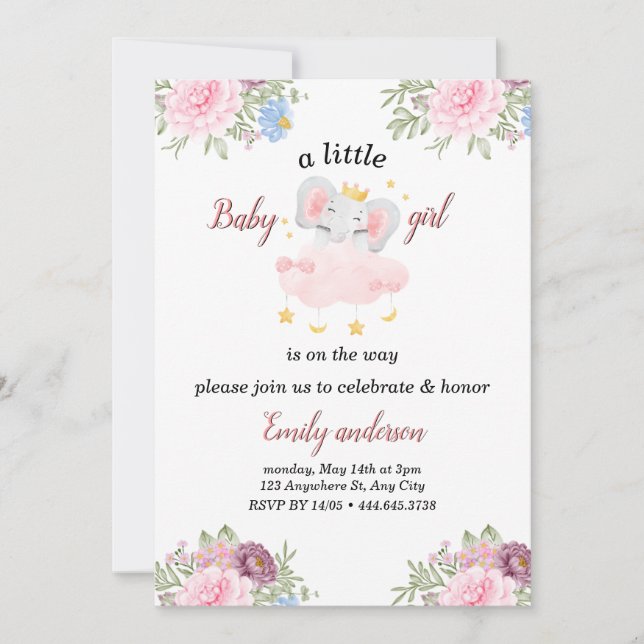 Invitation Fleurs roses Filles Eléphant Baby shower Invitatio (Devant)