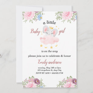 Invitation Fleurs roses Filles Eléphant Baby shower Invitatio