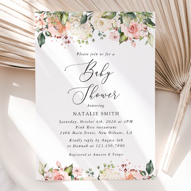Invitation Fleurs roses, Fleurs blanches, Boho, Baby shower (Créateur téléchargé)