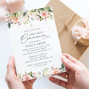 Invitation Fleurs roses, Fleurs blanches, Première Sainte Com
