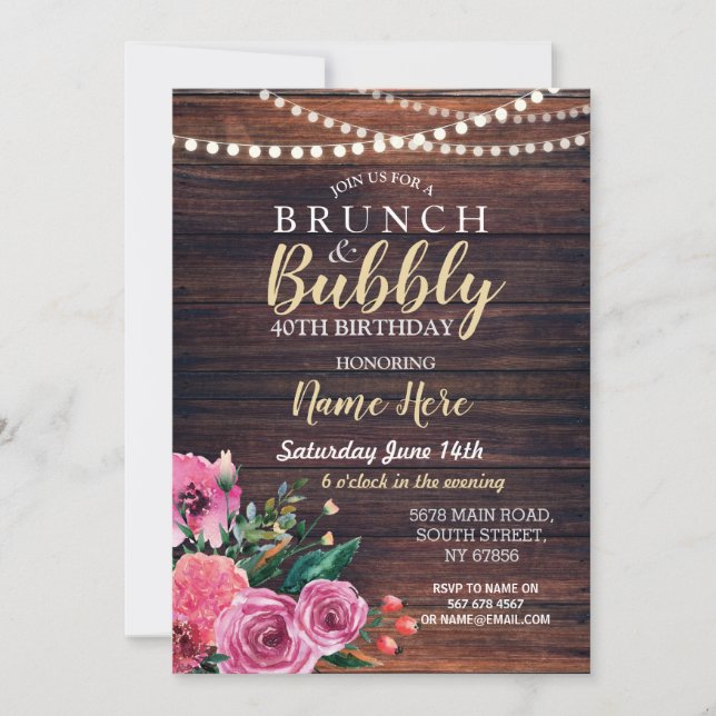 Invitation Fleurs roses florales au bois de Brunch & Bubbly L (Devant)