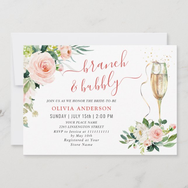 Invitation Fleurs Roses Fluides Verdure Brunch Floral & Bubbl (Devant)