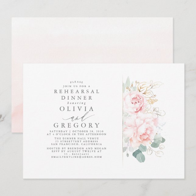 Invitation Fleurs roses Gold Feuilles Dîner de répétition élé (Devant / Derrière)