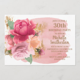 Invitation Fleurs roses Gold Parties scintillant 30e fête d'a