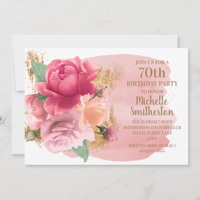 Invitation Fleurs roses Gold Parties scintillant 70e fête d'a (Devant)