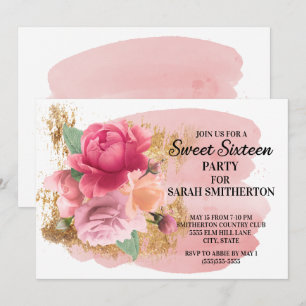 Invitation Fleurs roses Gold Parties scintillant Sweet 16 Ann
