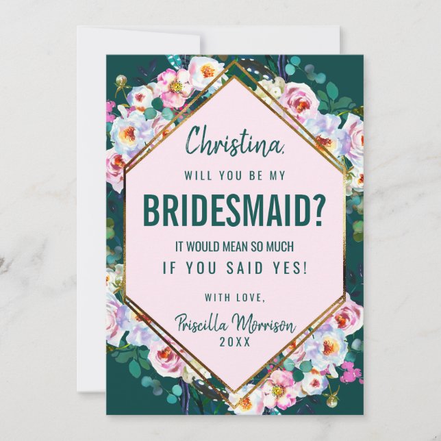 Invitation Fleurs roses Gold Trim Emerald Jade Bridesmaid (Devant)