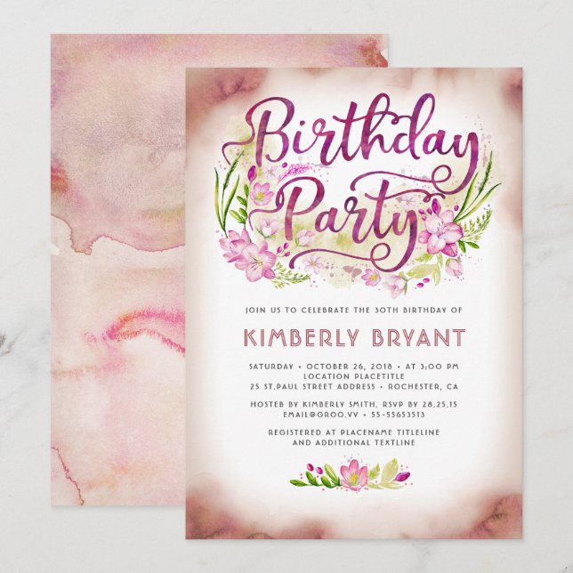 Invitation Fleurs roses Jardin Élégante Fête Florale Annivers (Devant / Derrière)