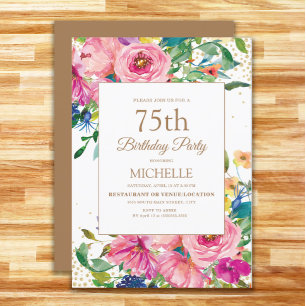 Invitation Fleurs roses jaunes Paillettes dorées 75e annivers