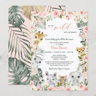 Invitation Fleurs roses Jungle Safari Animaux Baby shower