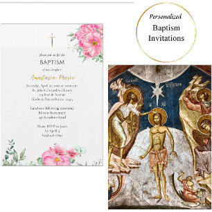 Invitation Fleurs roses lumineuses et heureuses Baptême ortho