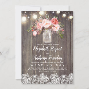 Invitation Fleurs roses Mason Jar Mariage de dentelle rustiqu
