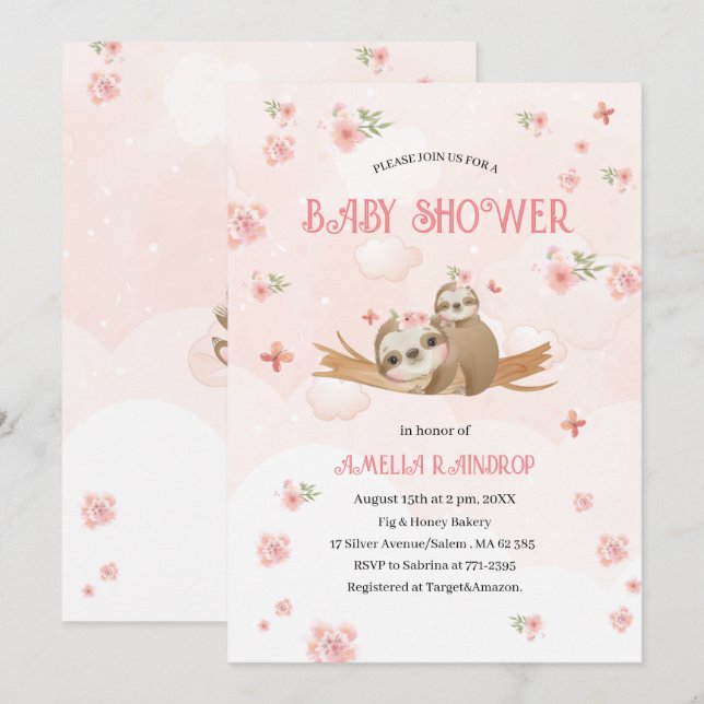Invitation Fleurs roses mignonnes baby shower aquarelle Inv (Devant / Derrière)
