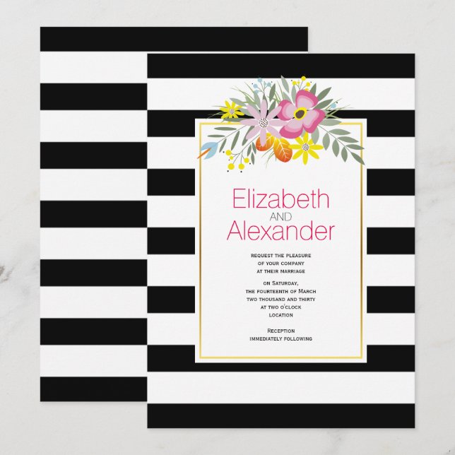 Invitation Fleurs roses, noir blanc rayures mariage florales (Devant / Derrière)