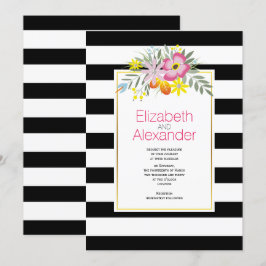 Invitation Fleurs roses, noir blanc rayures mariage florales