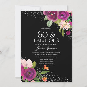 Invitation Fleurs roses Noir Retour 60e fête d'anniversaire