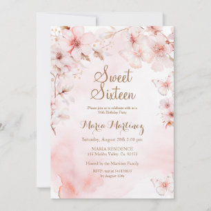 Invitation Fleurs roses Or Avec Parties scintillant Or Douce 