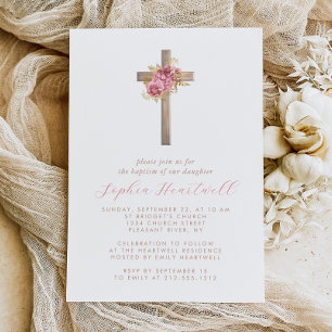 Invitation Fleurs Roses Or Fille Baptême Croix