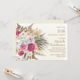 Invitation Fleurs roses paillettes dorées Crème 50e anniversa