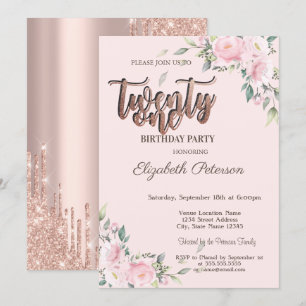 Invitation Fleurs Roses Paillettes Gouttes Or Rose 21e Annive