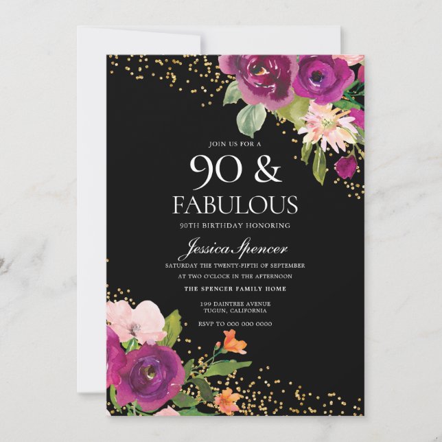 Invitation Fleurs roses Parties scintillant Black 90th Birthd (Devant)