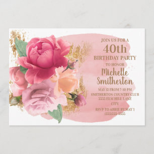 Invitation Fleurs roses Parties scintillant d'or 40e fête d'a