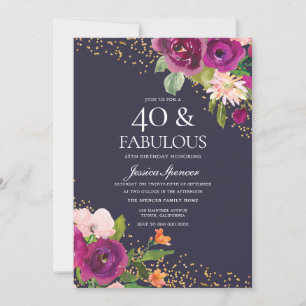 Invitation Fleurs roses Parties scintillant violet 40e annive