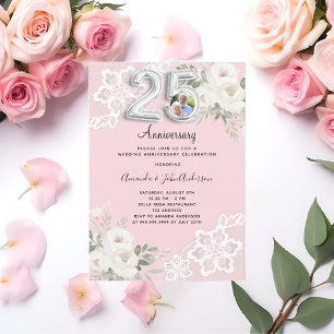 Invitation Fleurs roses photo 25e anniversaire de mariage