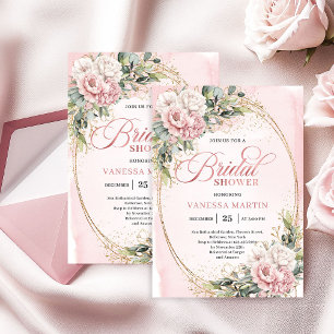 Invitation Fleurs roses poudrées modernes dorées pour la douc