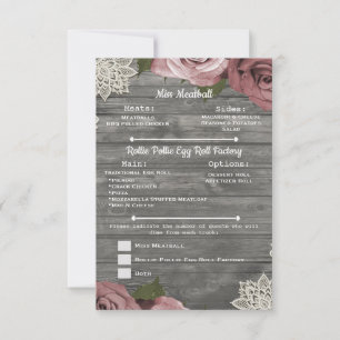 Invitation Fleurs roses poussiéreuses Bois gris rustique Menu