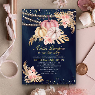 Invitation Fleurs roses poussiéreuses Citrouille Pampas Bleu