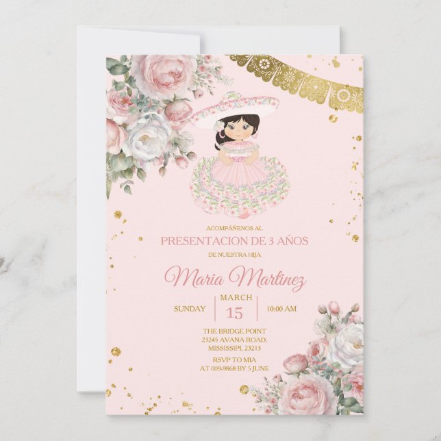 Invitation Fleurs roses Presentación De Tres Años Cute Girl (Devant)