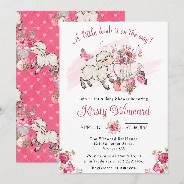 Invitation Fleurs roses printanières et Baby shower d'agneau  (Devant / Derrière)