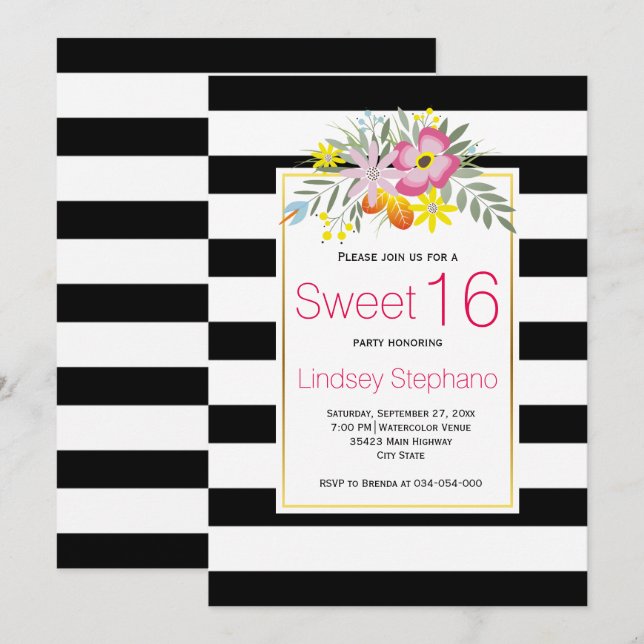 Invitation Fleurs roses, rayures sweet sixteen anniversaire (Devant / Derrière)