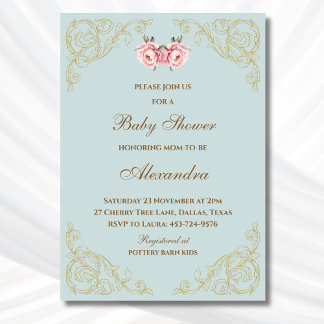 Invitation Fleurs roses Rococo Vintage Baby shower floral