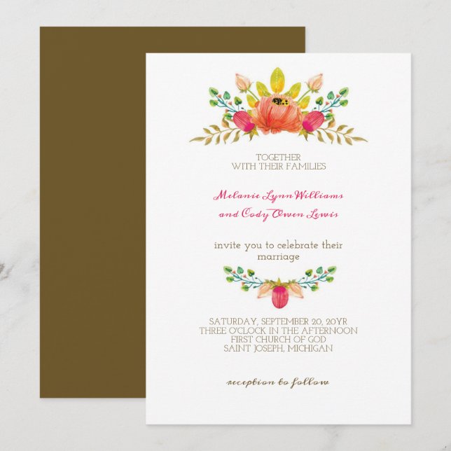 Invitation Fleurs roses romantiques Mariage de la Couronne (Devant / Derrière)