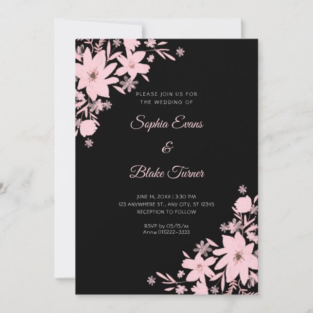 Invitation Fleurs roses romantiques Mariage noir floral (Devant)
